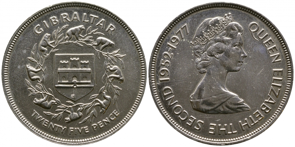 Гибралтар 25 пенсов 1977 25 лет правления Елизаветы II (1952-1977) KM 10 медно-никель UNC 4044-1025