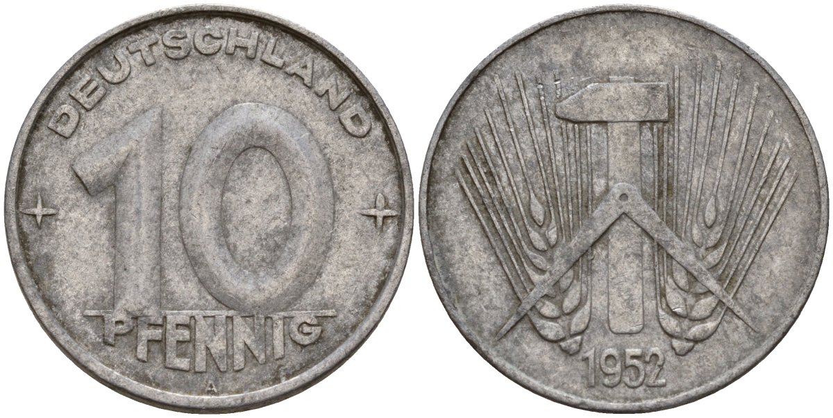 ГДР 10 пфеннигов 1952 A KM 7 алюминий 24-1133
