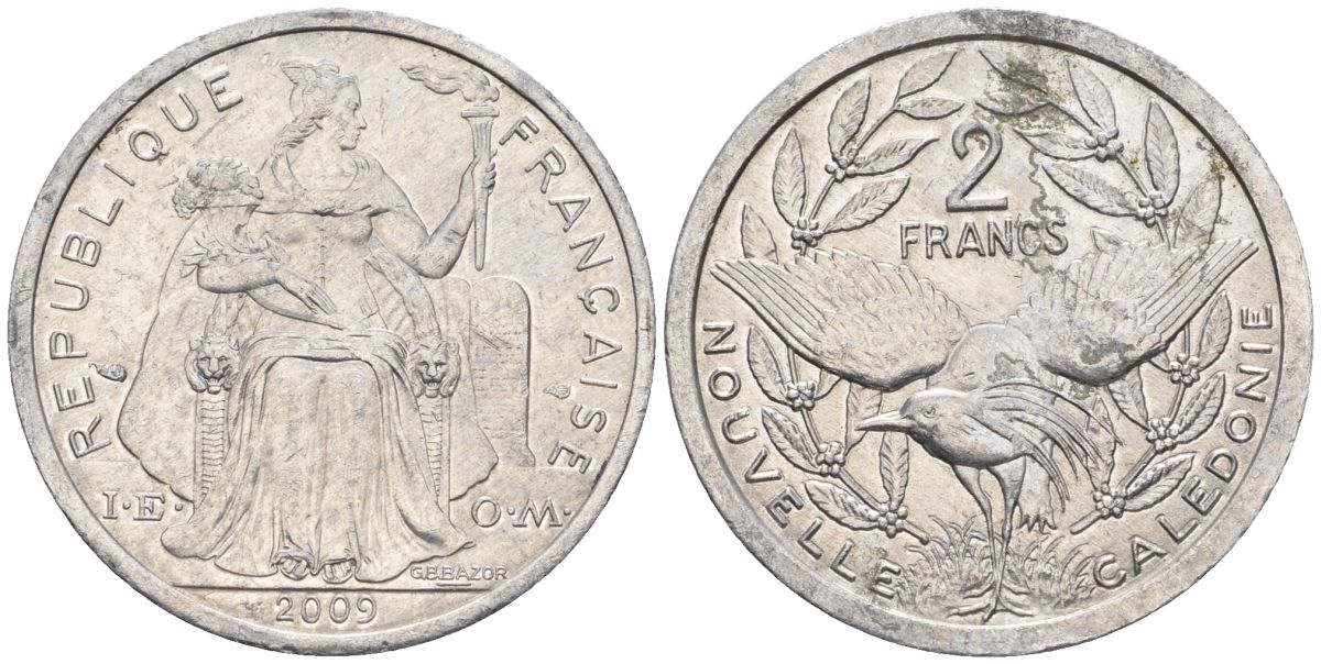 Французская Новая Каледония 2 франка 2009 птица кагу, (IEOM) KM 14, Schoen 11 алюминий    29-522