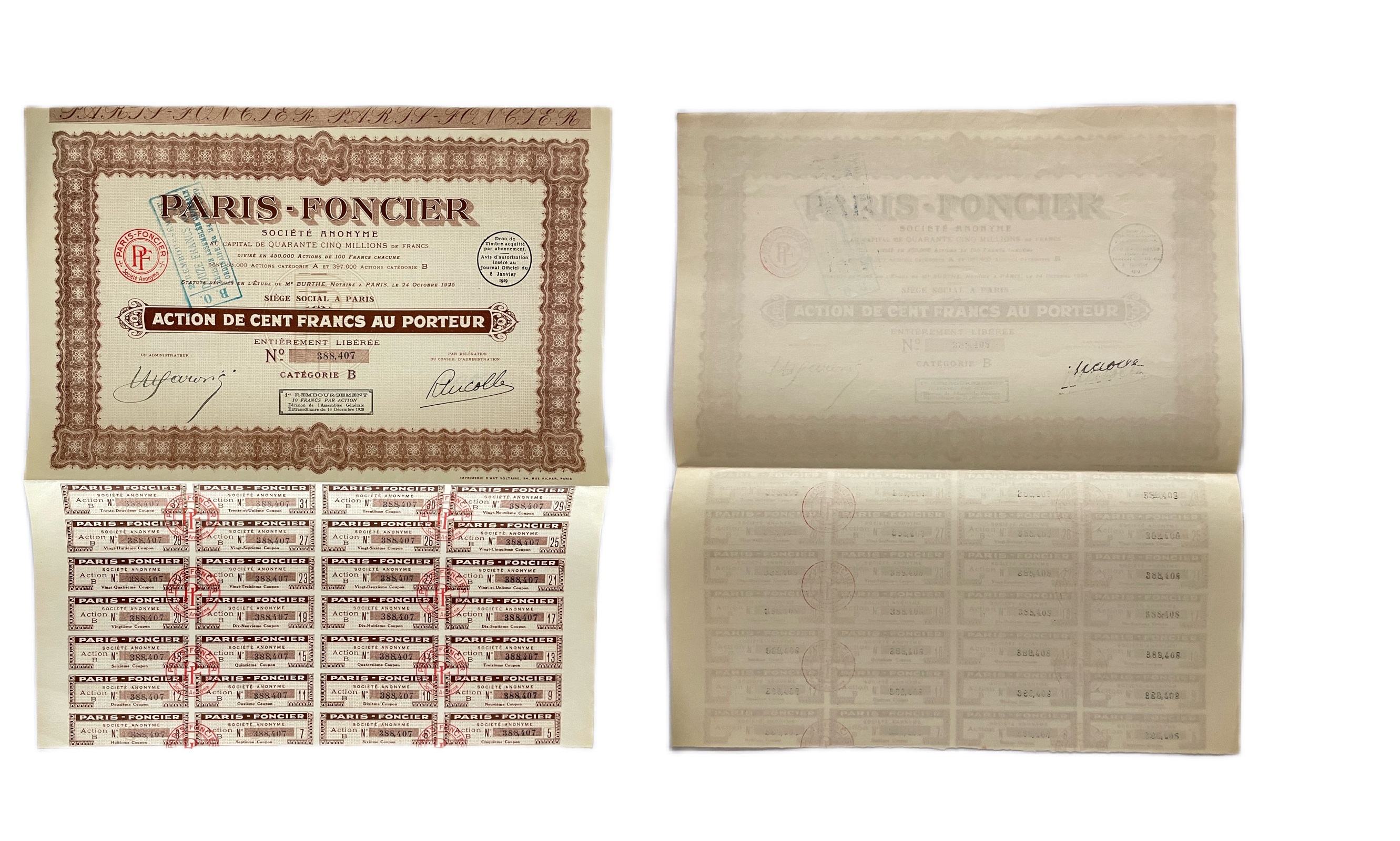 Франция, Societe Fonciere Paris акция в 100 франков 1928 24 купона бумага 48-56-1-2