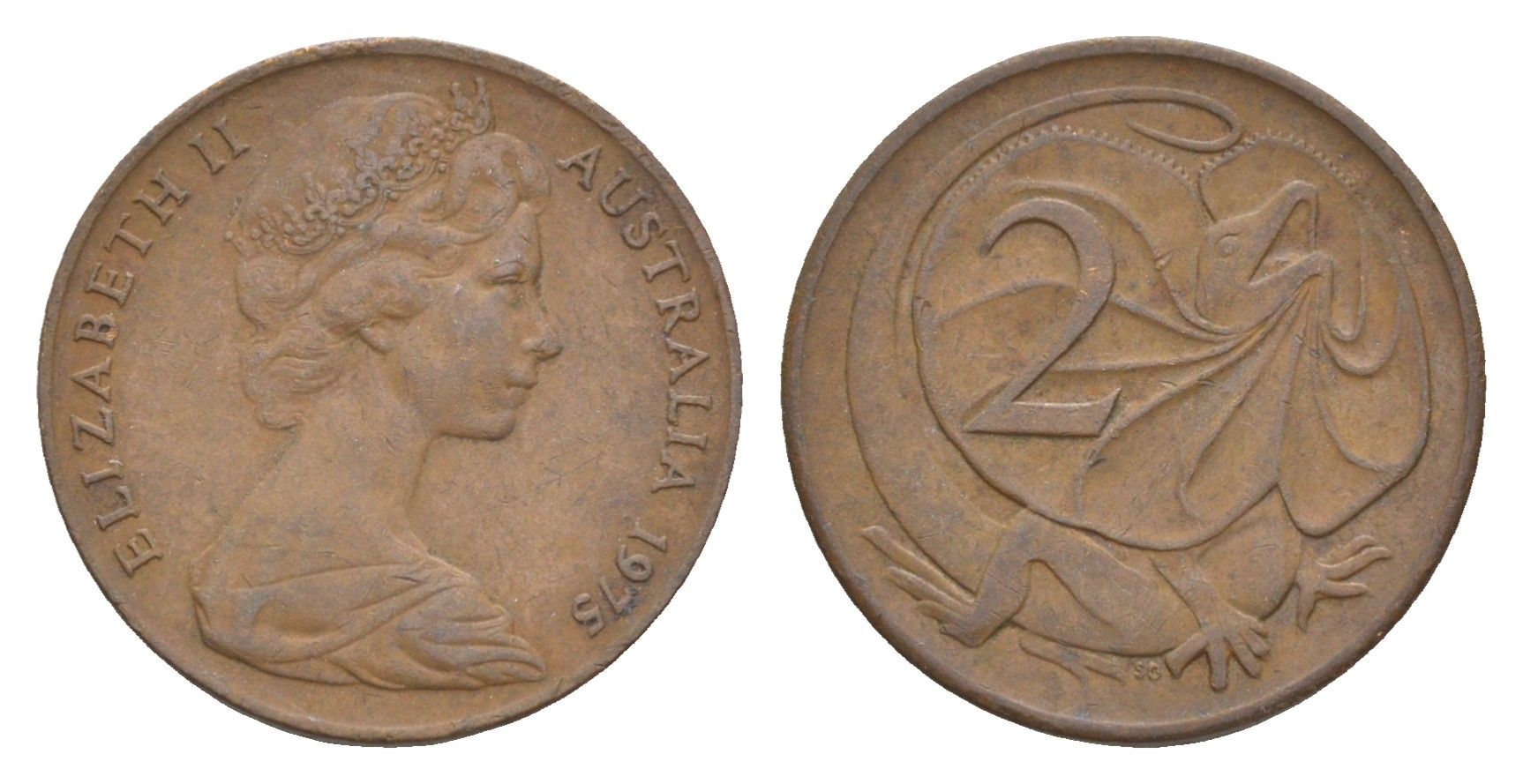 Австралия 2 цента 1975 Елизавета II (1952-2022), плащеносная ящерица KM 63 бронза 4655-1239