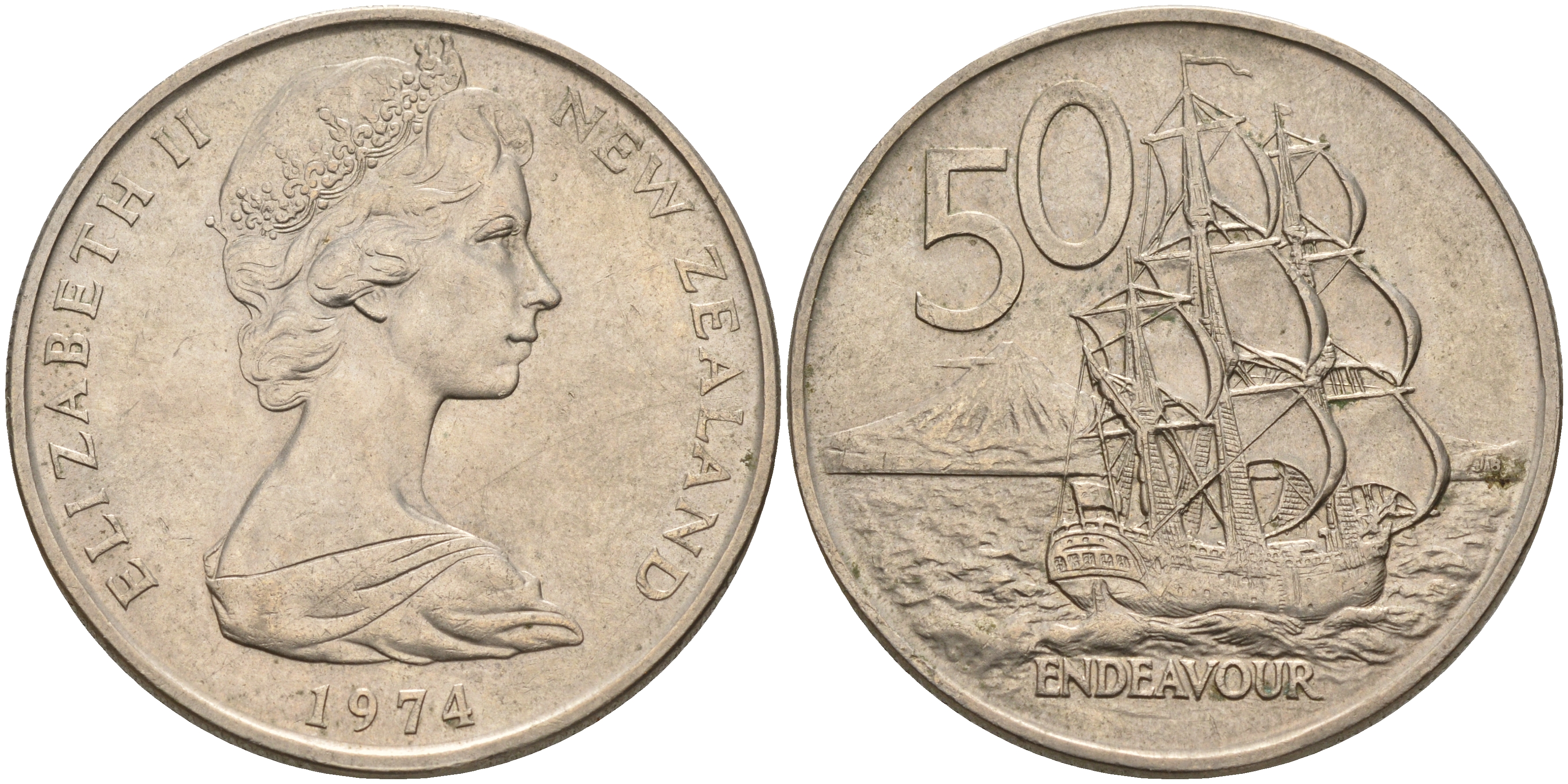 Новая Зеландия 50 центов 1974 Елизавета II (1952-2022), парусник Индевор KM 37.1 медно-никель    4599-1115