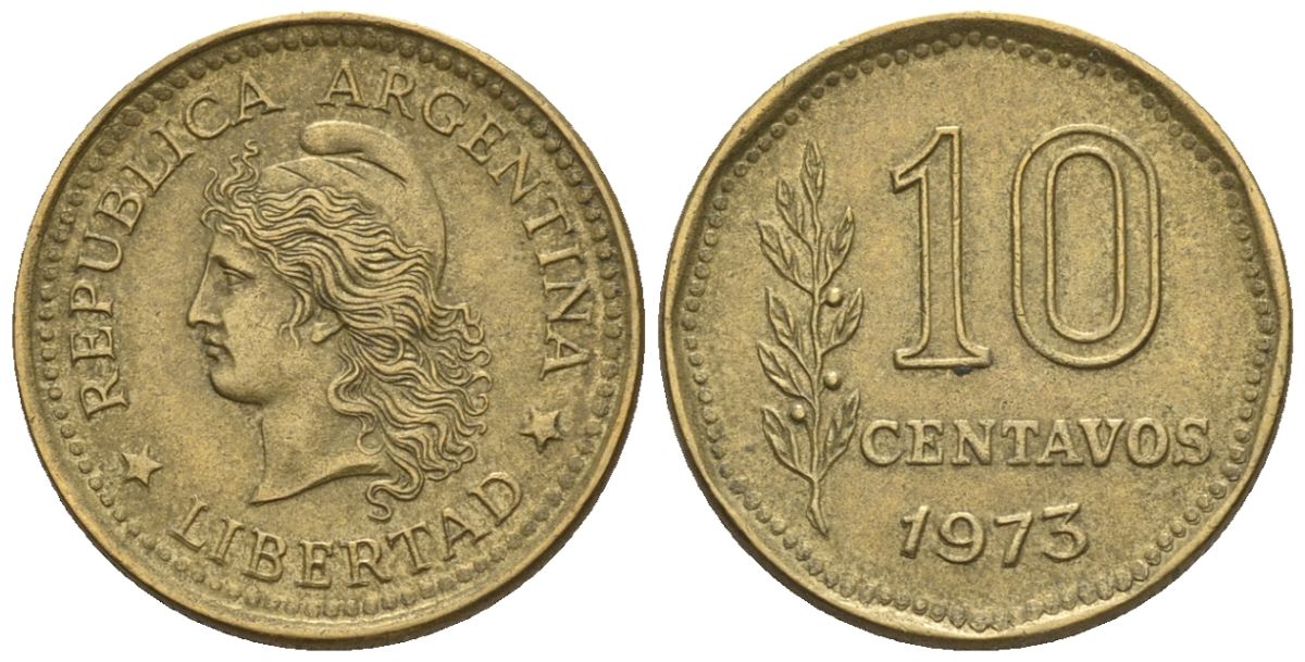Аргентина 10 сентаво 1973 голова свободы влево KM 66, CJ 346, Schon 66 алюминиевая бронза    4609-1221