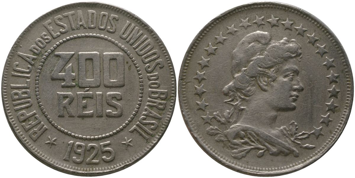 Бразилия 400 рейсов 1925 KM 520 медно-никель 4565-124
