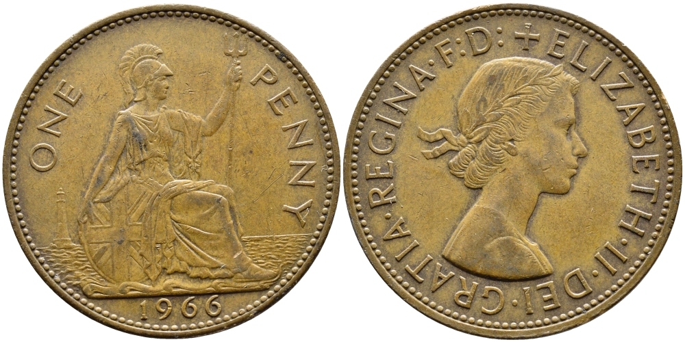 Великобритания 1 пенни 1966 Елизавета II (1952-2022) KM 897, Spink 4157 бронза 4389-843