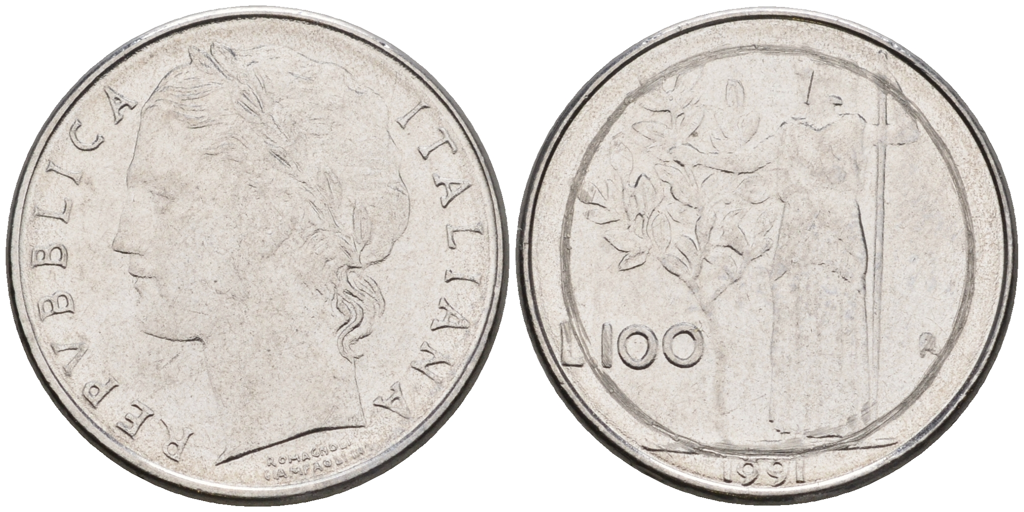 Италия 100 лир 1991 R, Афина в доспехах KM 96.2 нержавеющая сталь 4608-417