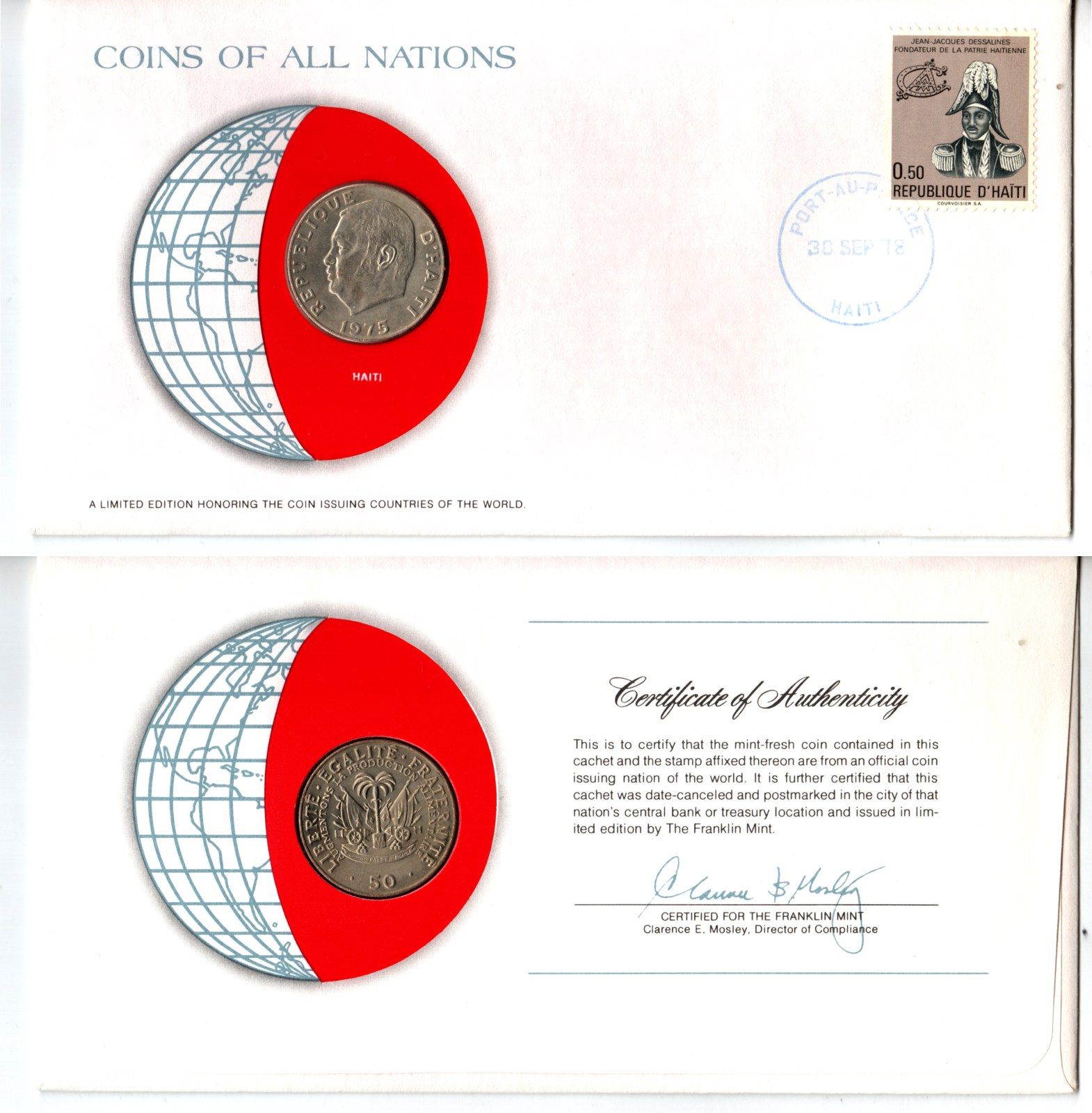 Гаити 50 сантимов 1975 конверт с маркой первого дня гашения, Coins of Nations KM 101 медь цинк никель UNC 4295-12-3