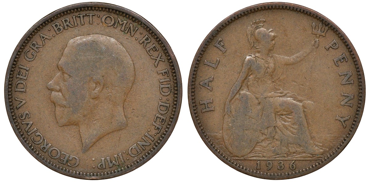 Великобритания 1/2 пенни 1936 Георг V (1910-1936) KM 837, Spink 4058 бронза 4163-544