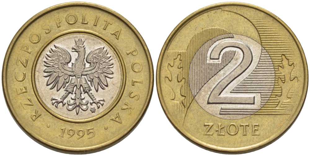 Польша 2 злотых 1995 MW KM 283 биметалл 80-236