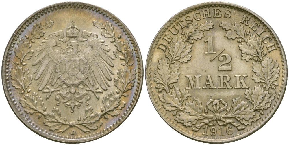 ГЕРМАНИЯ 1/2 МАРКИ 1916 D J. 16, KM 17 серебро UNC 65-244