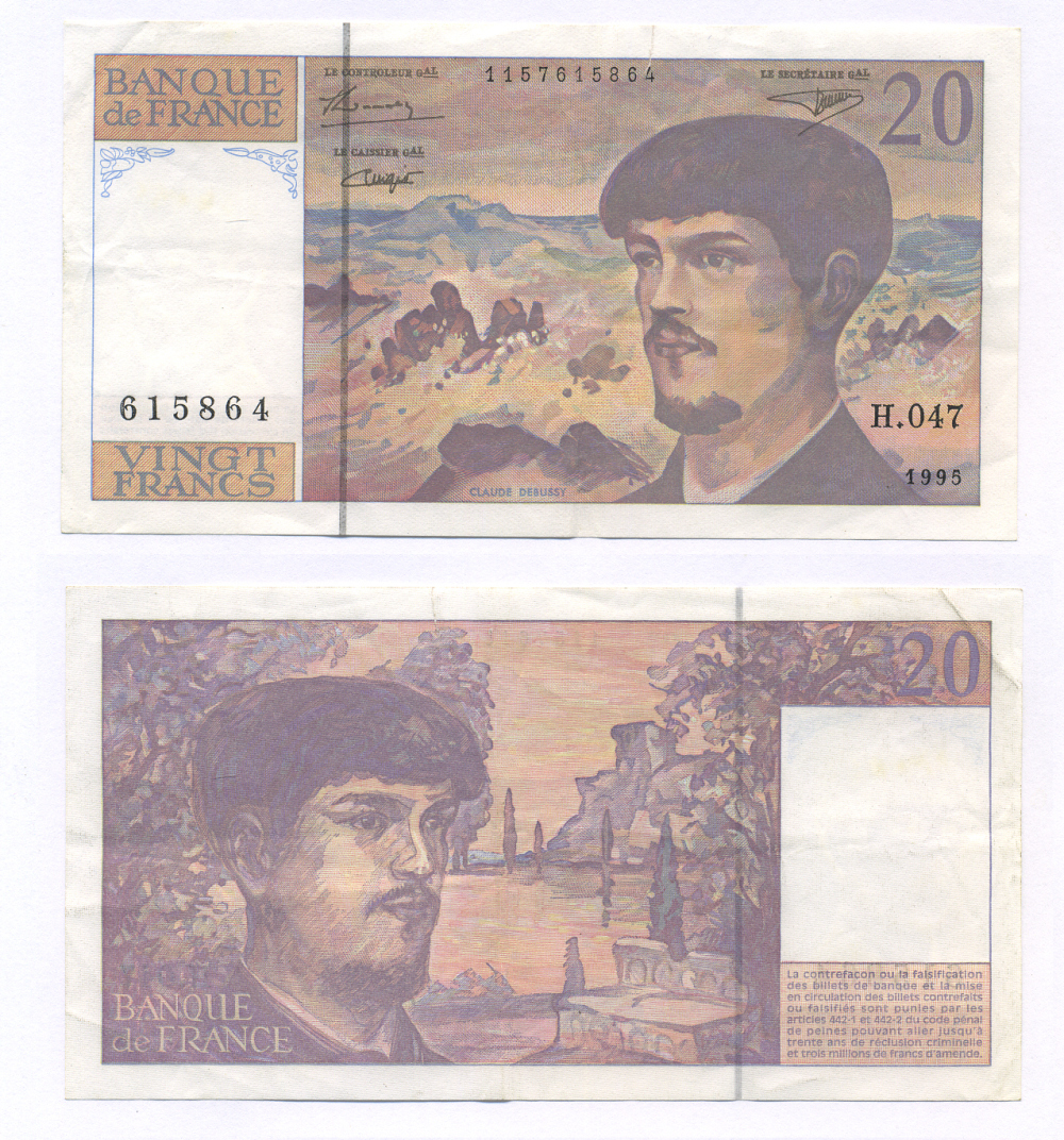 ФРАНЦИЯ 20 ФРАНКОВ 1995 КЛОД ДЕБЮССИ Pick 151h бумага 7146-4-1-2