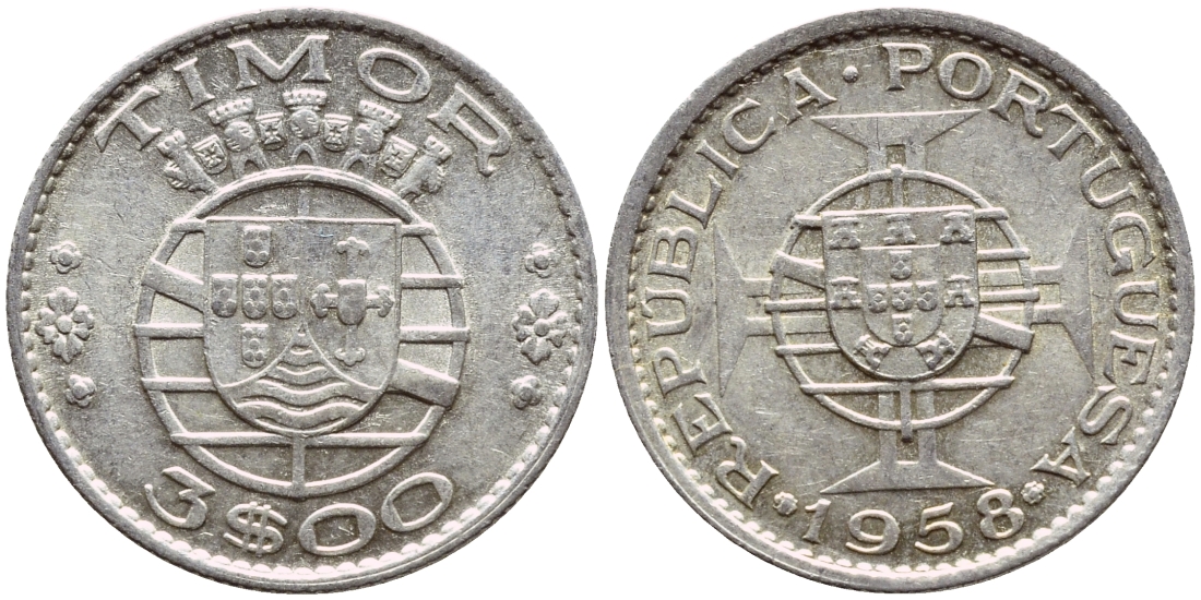 Португальский Тимор 3 эскудо 1958 год тип KM 14 серебро  aUNC  63-318