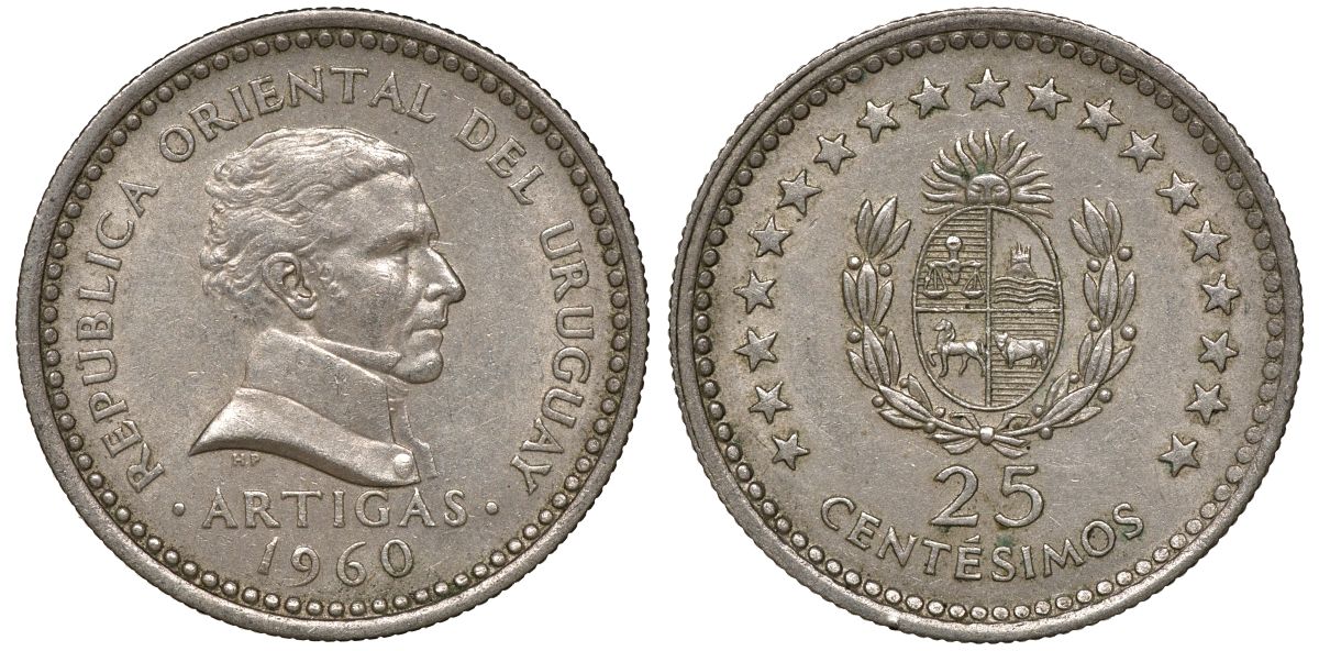 Уругвай 25 сентесимо 1960 KM 40 медно-никель 4169-953