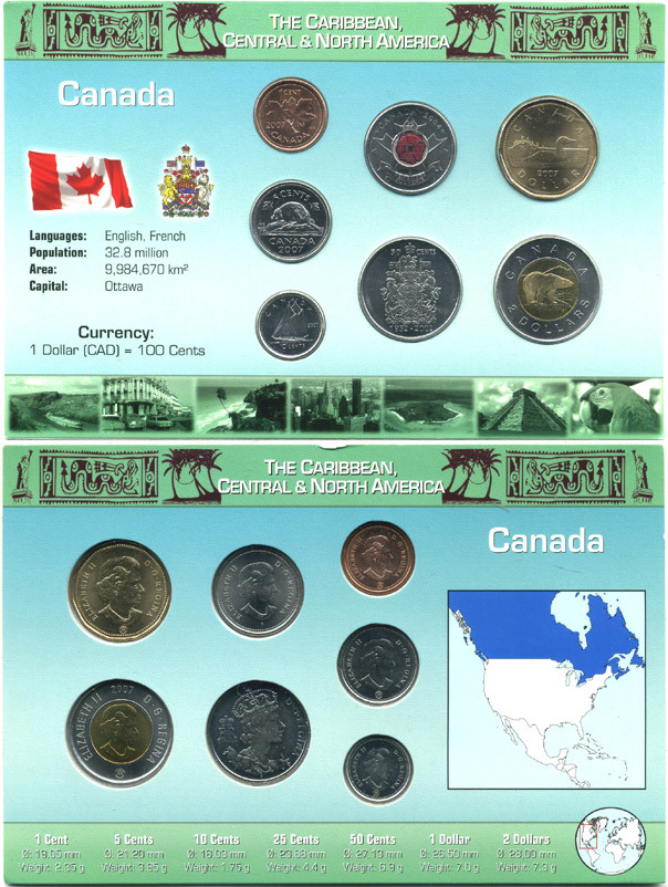 КАНАДА НАБОР ИЗ 7 МОНЕТ В БУКЛЕТЕ 2002-2007 1 МОНЕТА БИМЕТАЛЛ UNC 06-081-54