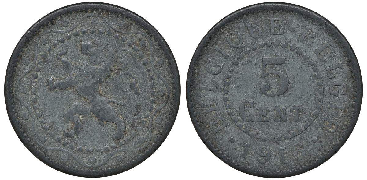 Бельгия 5 сантимов 1916 Belgique-Belgie, германская оккупация, I-ая мировая война KM 80 цинк 72-1654