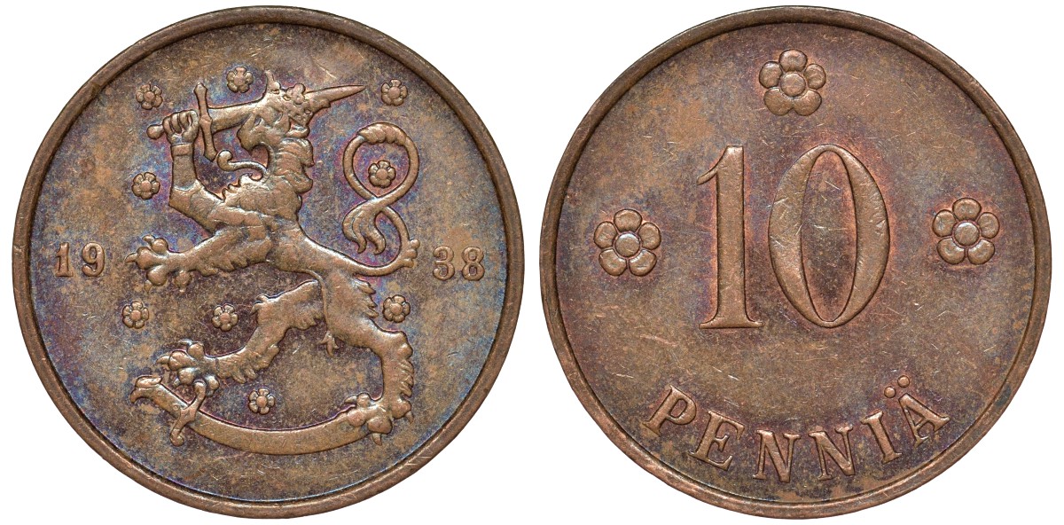 Финляндия 10 пенни 1938 KM 24 медь 51-3016