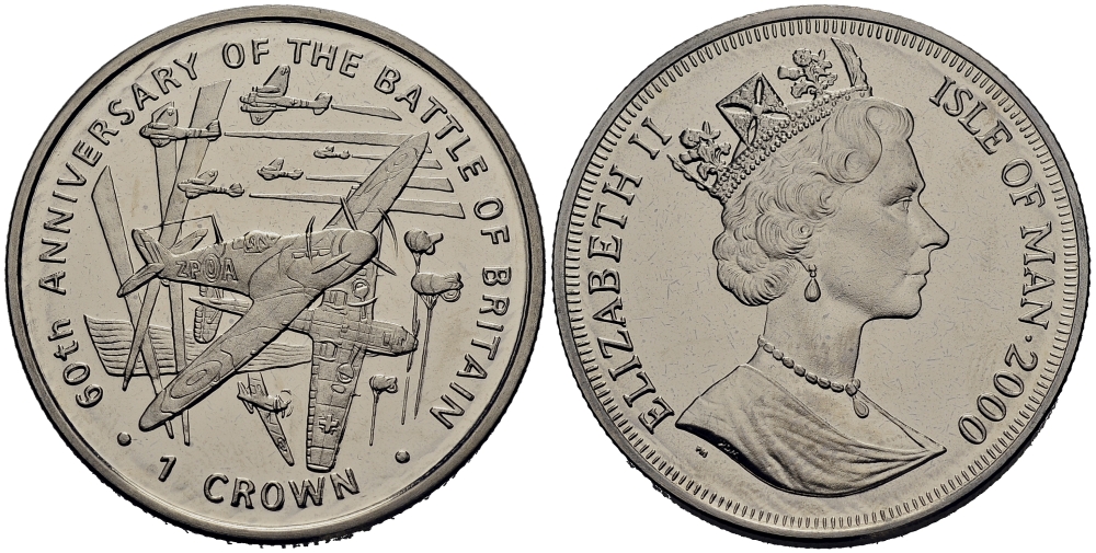 Остров Мэн 1 крона 2000 60 лет битвы за Британию, самолеты медно-никель UNC 00-00