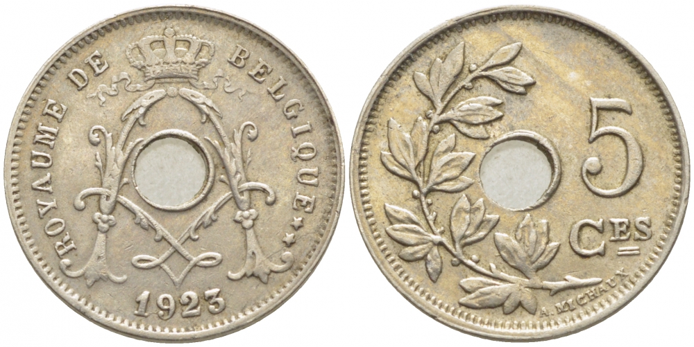 БЕЛЬГИЯ 5 САНТИМОВ 1923 BELGIQUE KM 66 медно-никель 112-238