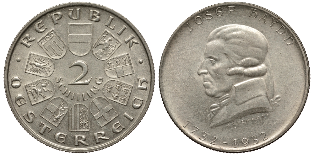 Австрия 2 шиллинга 1932 200 лет со дня рождения Йозефа Гайдна KM 2848 серебро 413-1823