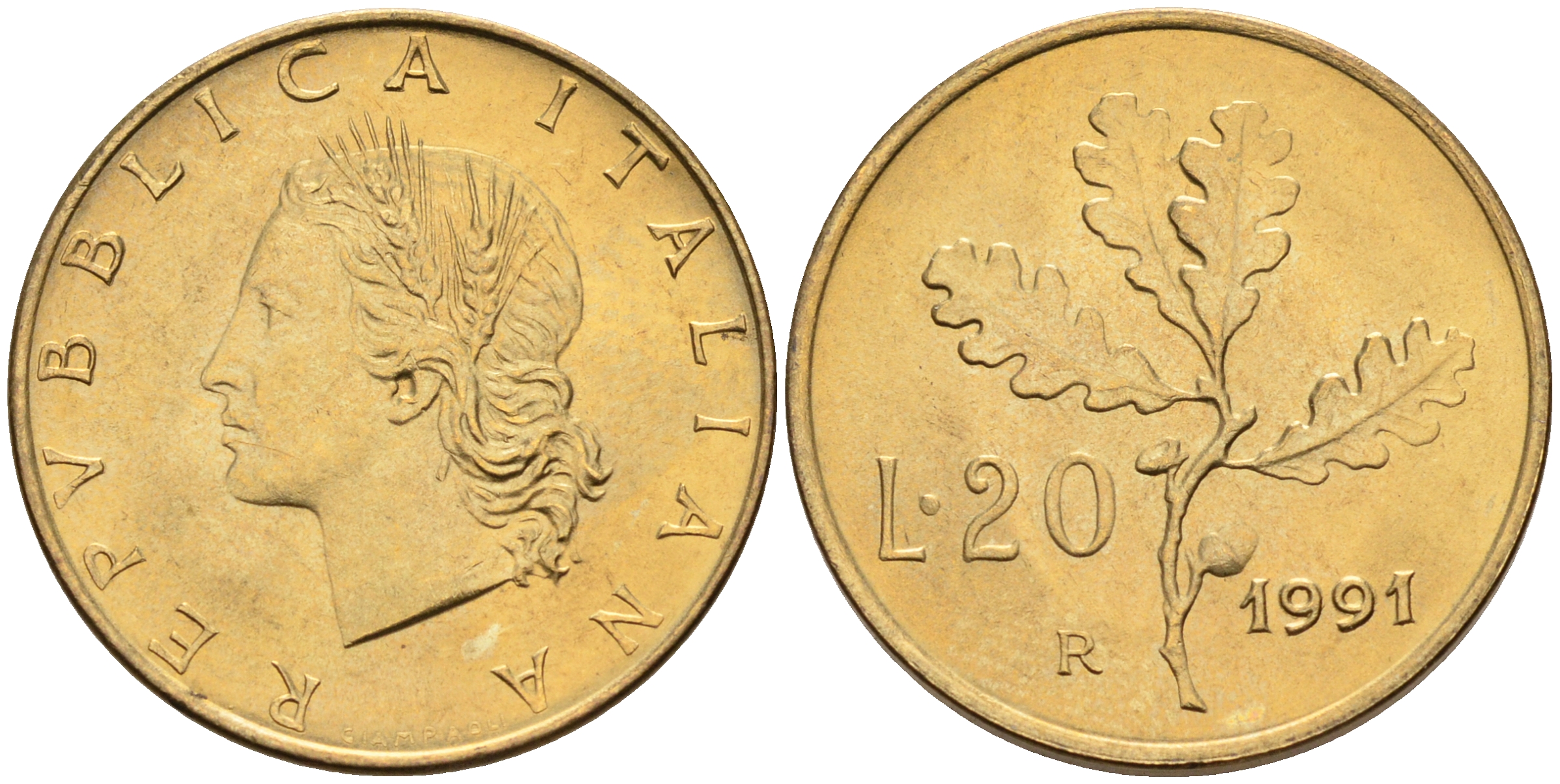 Италия 20 лир 1991 R, дубовый лист KM 97.2 алюминиевая бронза  UNC  4594-768