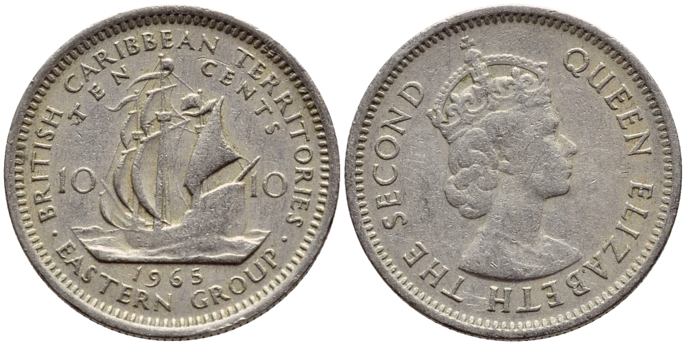 Британские Восточно-Карибские территории 10 центов 1965 Елизавета II (1952-2022), парусник KM 5 медно-никель 4392-268
