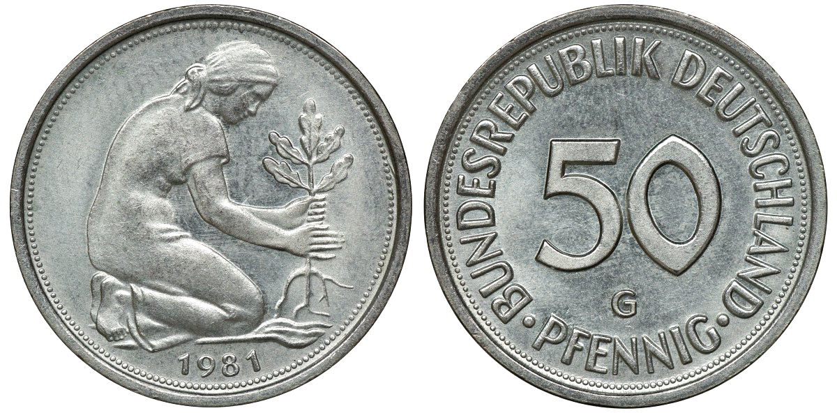 ФРГ 50 ПФЕННИГОВ 1980 F J 384a, KM 109.2 медно-никель aUNC 72-1113