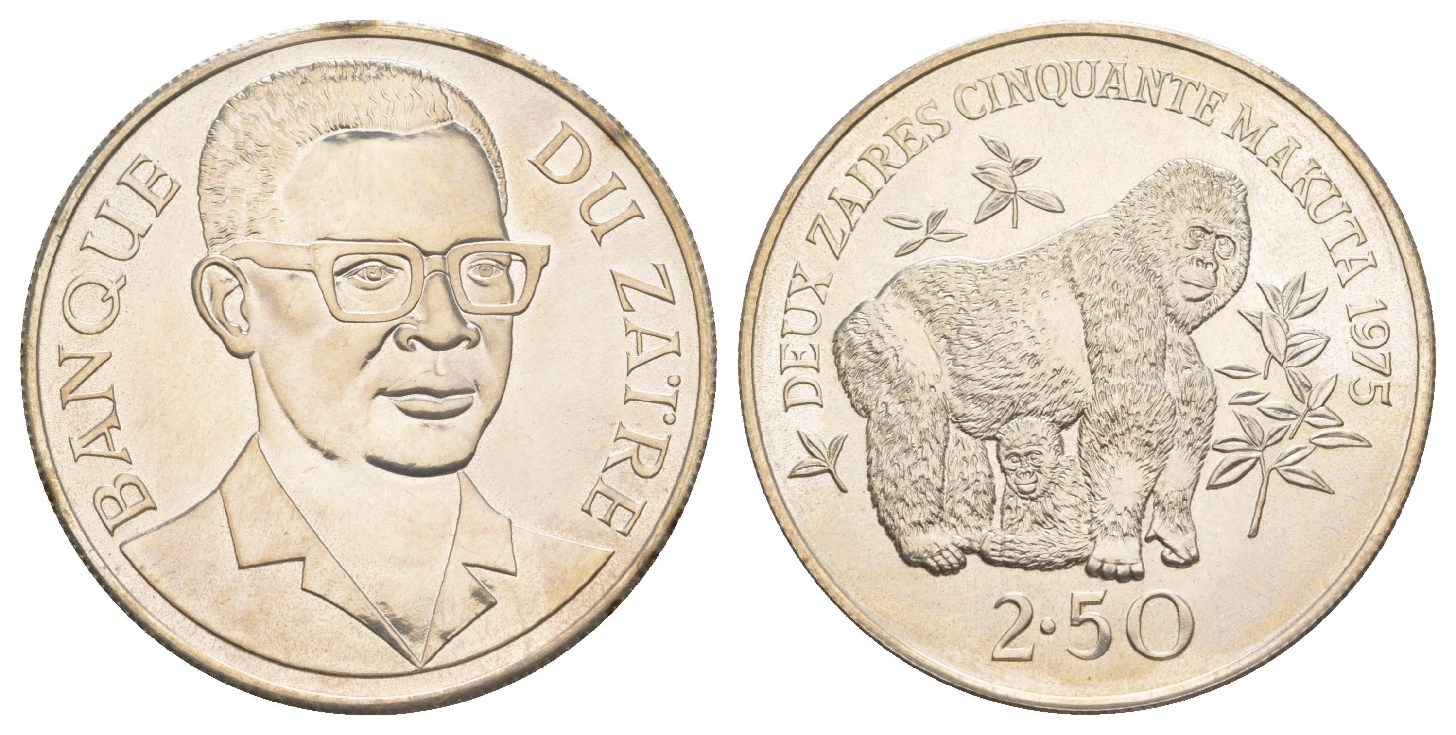 Заир 2 1/2 заира 1975 Горная горилла KM 9 серебро BU 413-3325