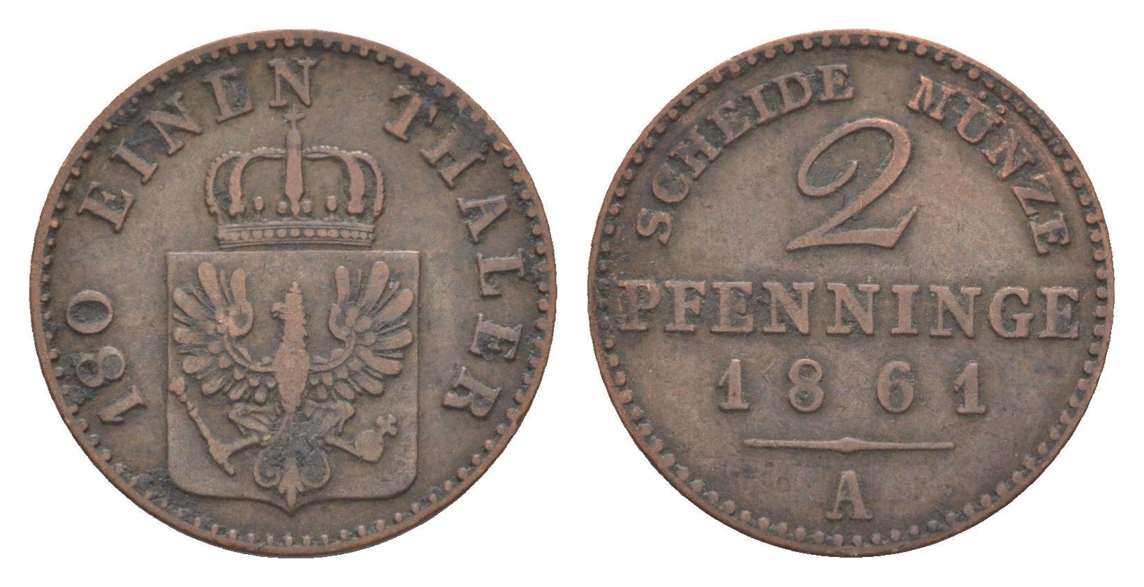 Пруссия 2 пфеннига 1861 A, Вильгельм I (1861-1888) KM 481, Jaeger 51, AKS 107, Olding 425 медь 4651-254