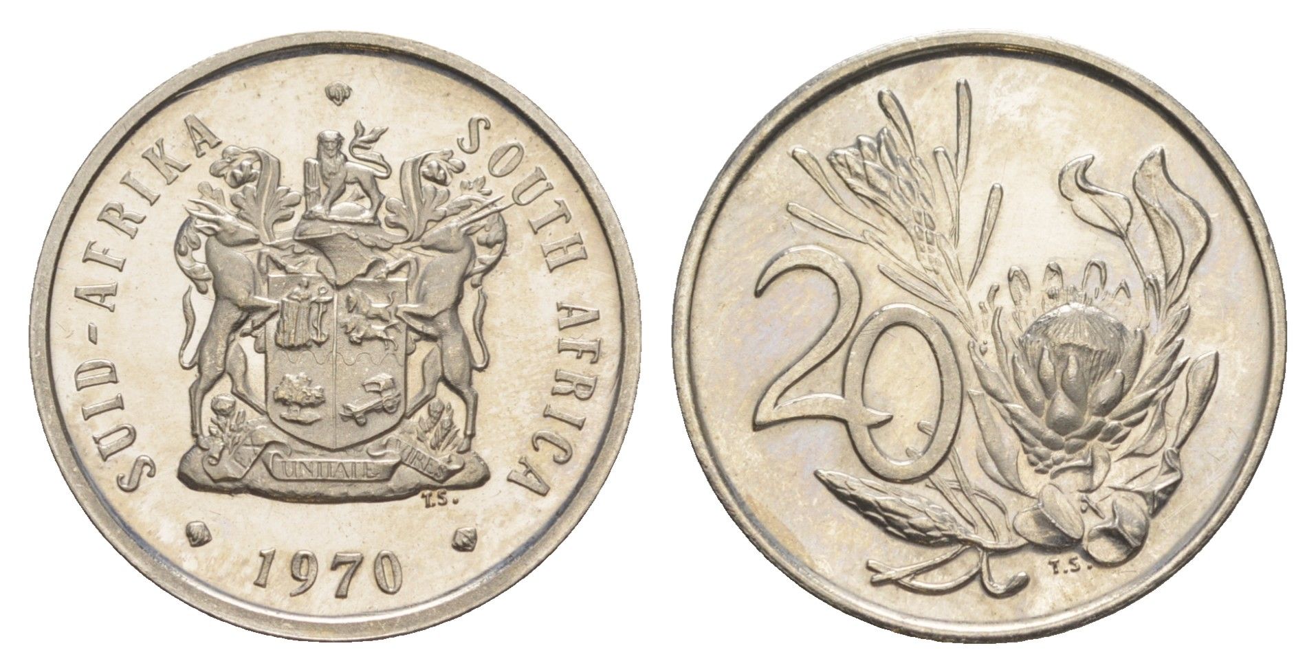 ЮАР 20 центов 1970 тираж 10.000 экземпляров KM 86 медно-никель PROOF 603-1222