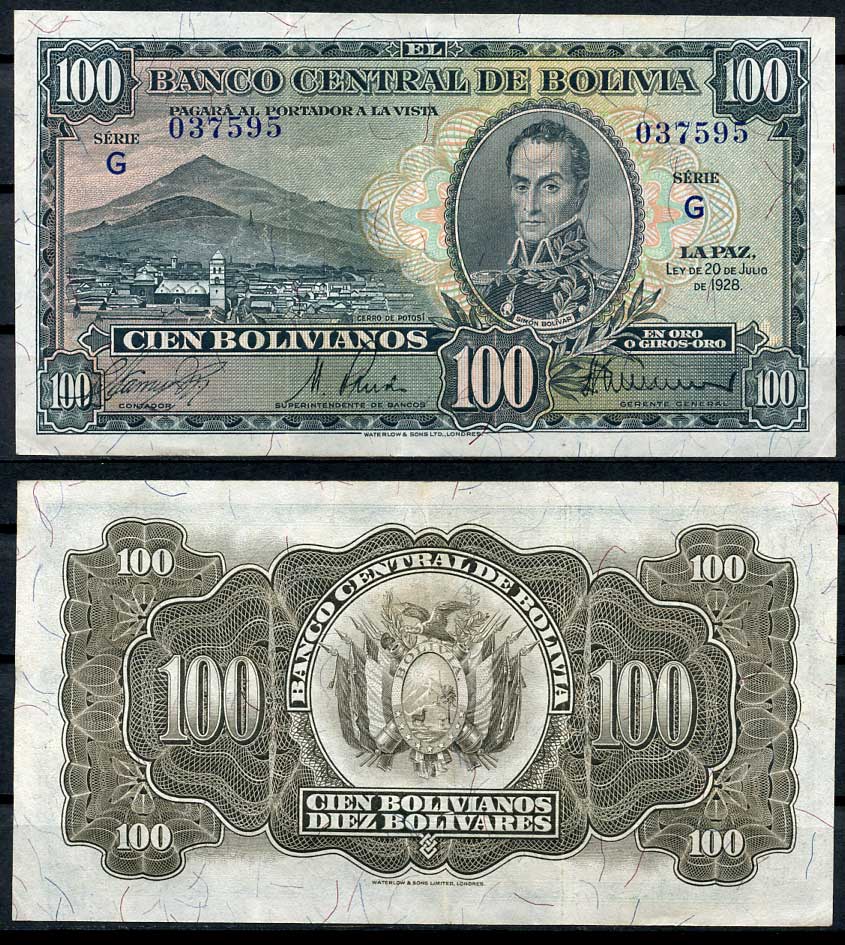 Боливия 100 боливиано 1928 серия G, Симон Боливар Pick 133 (2)  бумага  000-00-00