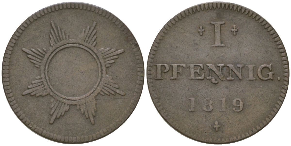 Франкфурт 1 пфенниг (юденпфенниг) 1819 KM Tn7, JuF 1999 медь 4547-339