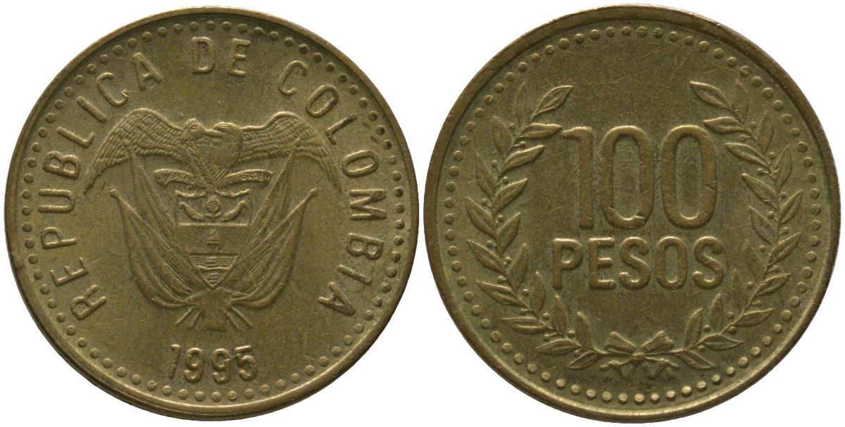 Колумбия 100 песо 1995 KM 285.2, Restrepo 445.4 латунь 4538-1247