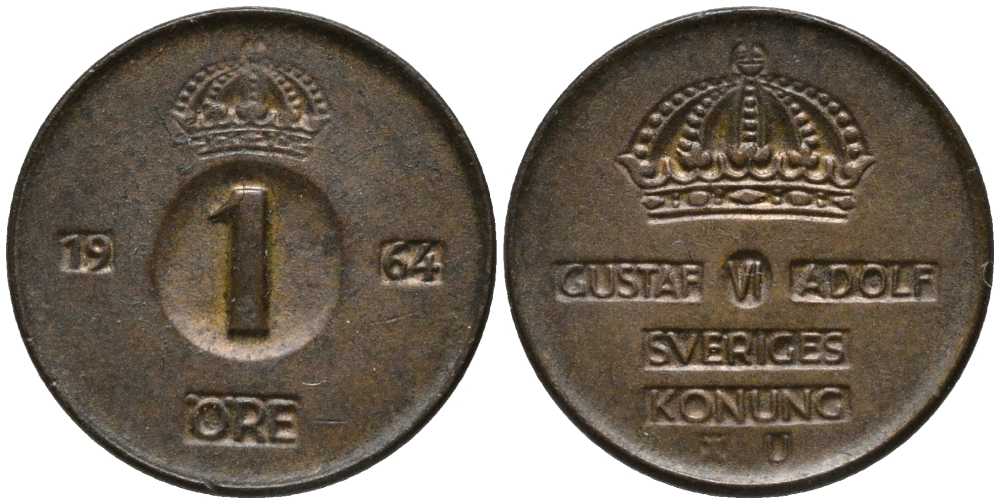Швеция 1 эре 1964 U, Густав VI Адольф (1950-1973) KM 820 бронза 201-1154