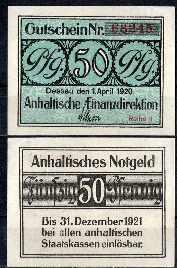 Анхальт 50 пфеннигов 1920 Mehl Grabowski A17.5b.1 бумага UNC (пресс) 7556-43-1-2