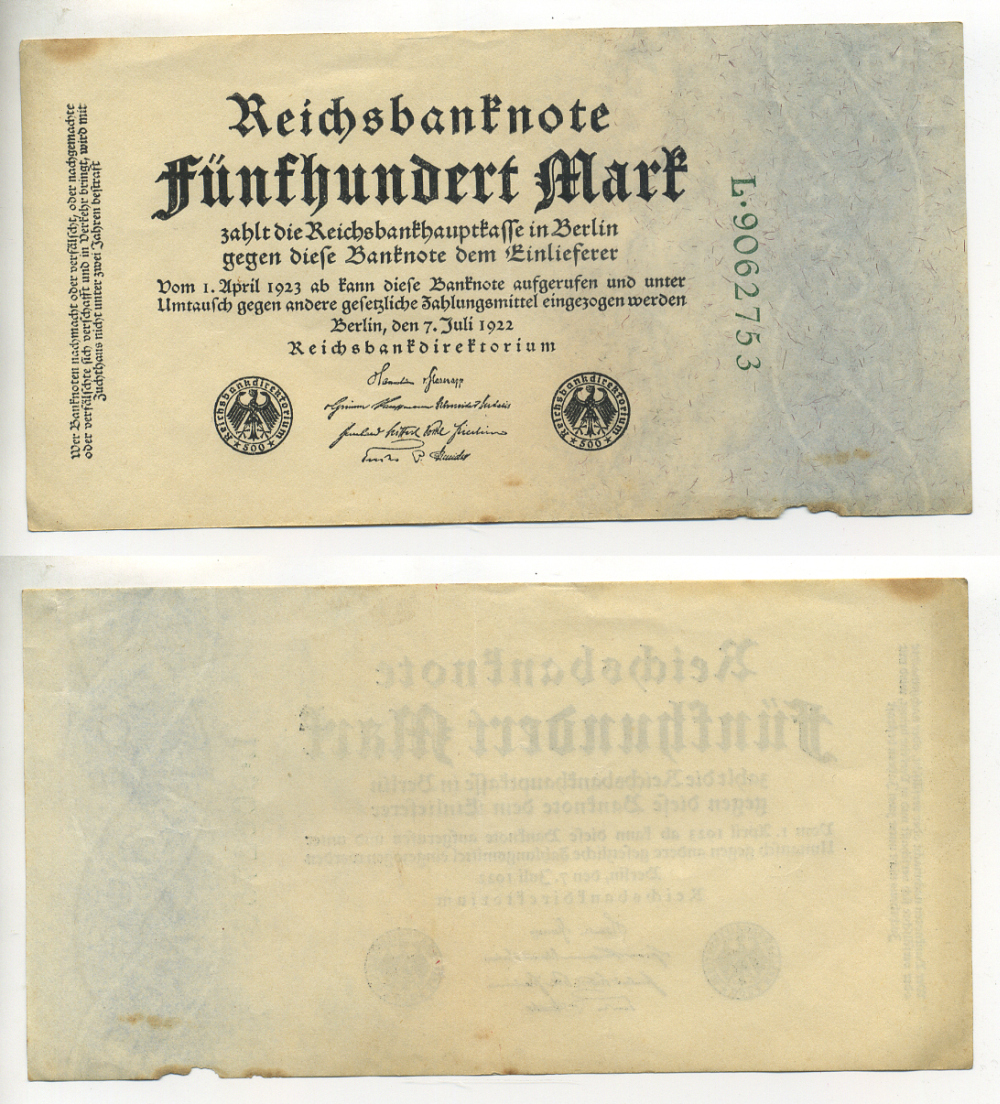 Германия 500 марок 1922 зеленая серия L, 7 цифр в номере Pick 74 b бумага 434-24-3-2