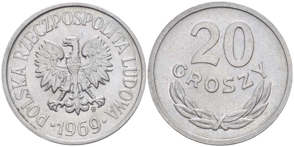 ПОЛЬША 20 ГРОШЕЙ 1969 MW KM А47 алюминий 201-455