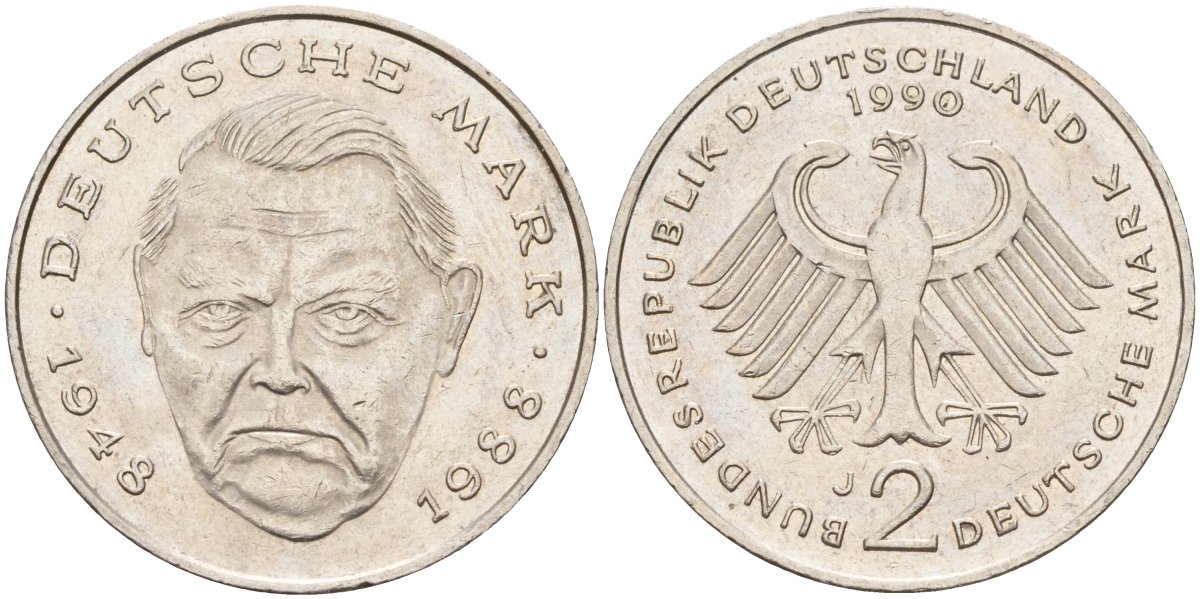 ФРГ 2 марки 1990 J, Людвиг Эрхард, 40 лет Федеративной Республике (1948-1988) KM 170, J. 445 медно-никель плакированный никелем 4583-121