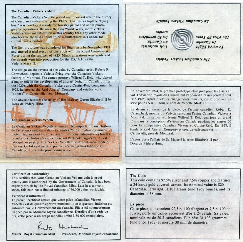 Канада 20 долларов 1994 канадский самолет Виккерс Ведетт KM 247 серебро, позолота PROOF 4-3-2-15