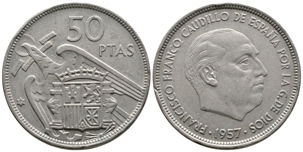 Испания 50 песет 1957 (71) Франциско Франко (1939-1975) KM 788 медно-никель 81-325