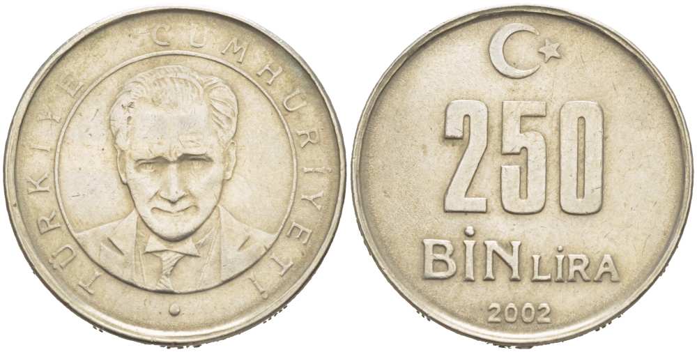 ТУРЦИЯ 250000 ЛИР 2002 КЕМАЛЬ АТАТЮРК KM 1137 медь никель цинк 217-646
