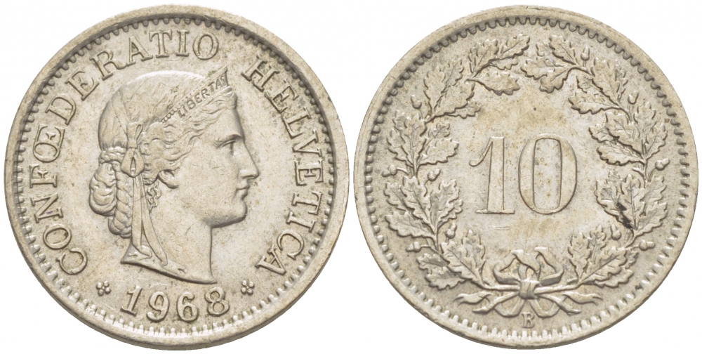 ШВЕЙЦАРИЯ 10 РАППЕНОВ 1968 KM 27 медно-никель 4516-829