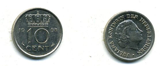 НИДЕРЛАНДЫ 10 ЦЕНТОВ 1958 ЮЛИАНА KM 182 никель 46-114