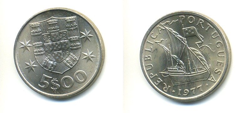 ПОРТУГАЛИЯ 5 ЭСКУДО 1977 ПАРУСНИК KM 591 медно-никель 176-246