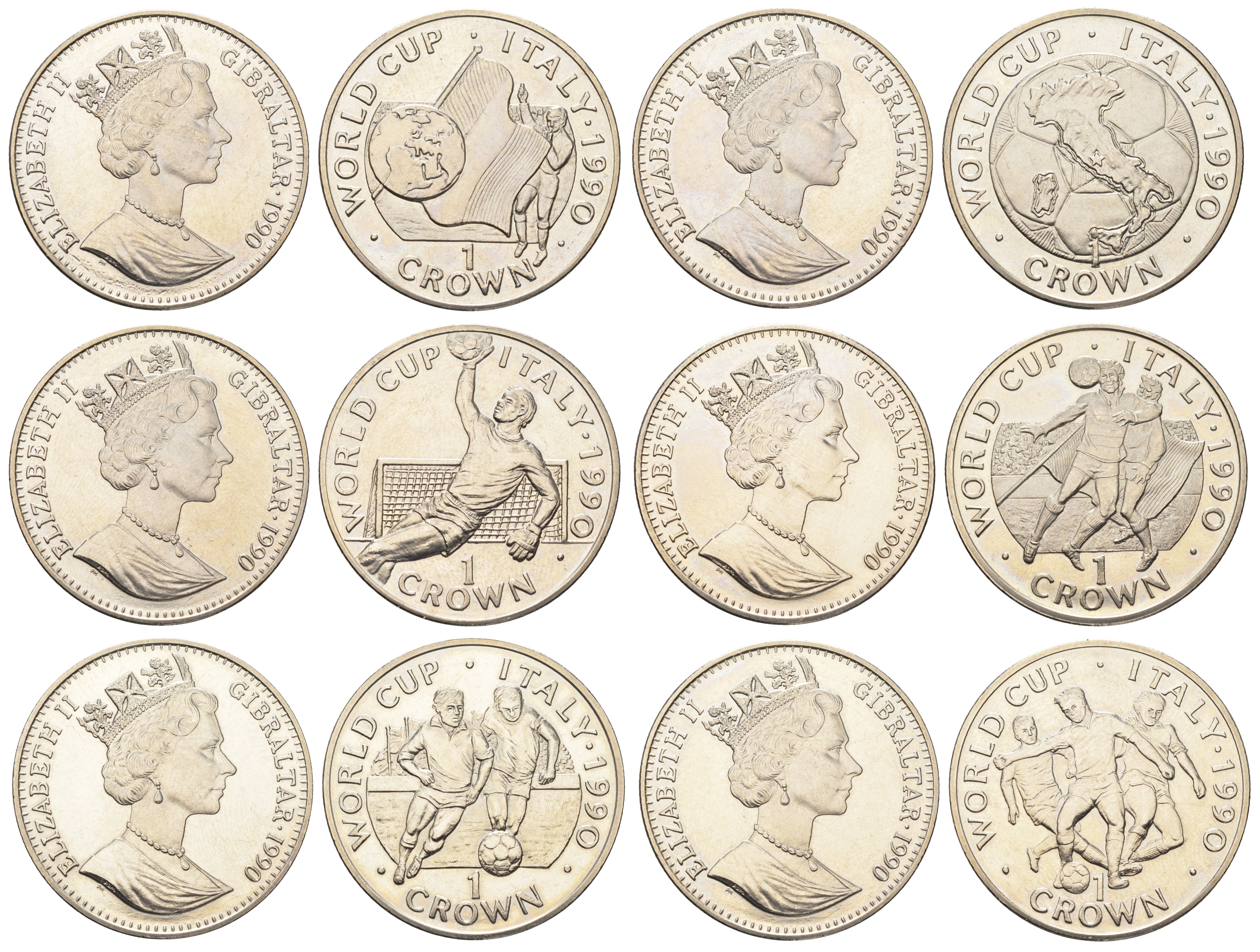 Гибралтар полный набор из 6 монет (1 крона) 1990 Чемпионат мира по футболу 1990 KM 33, 34, 35, 36, 37 и 38 медно-никель BU 1524-1525-1535