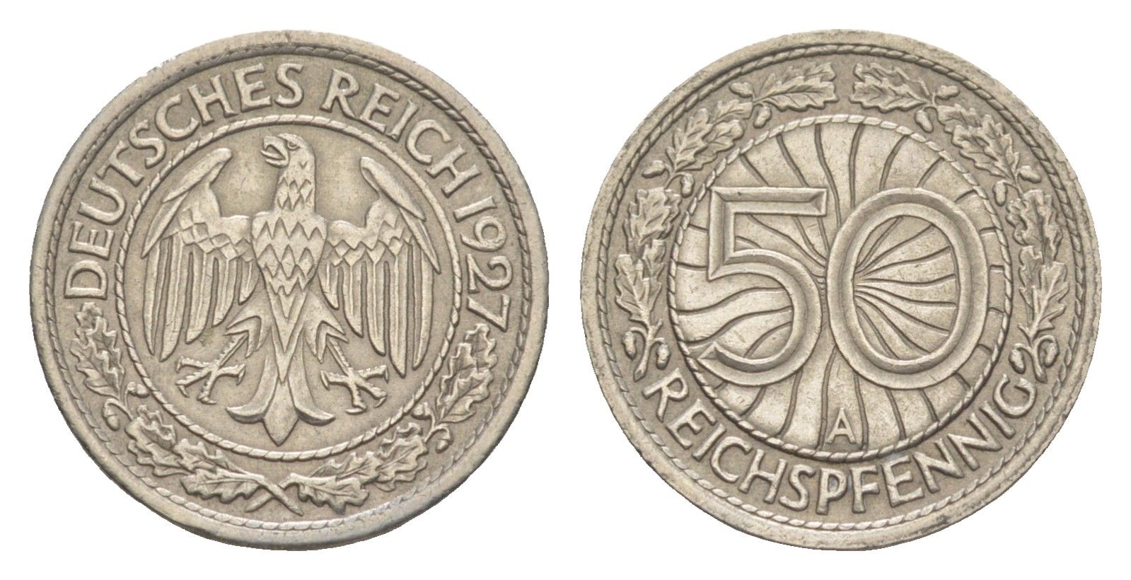 Германия 50 рейхспфеннигов 1927 A KM 49, J. 324 никель 4549-1132