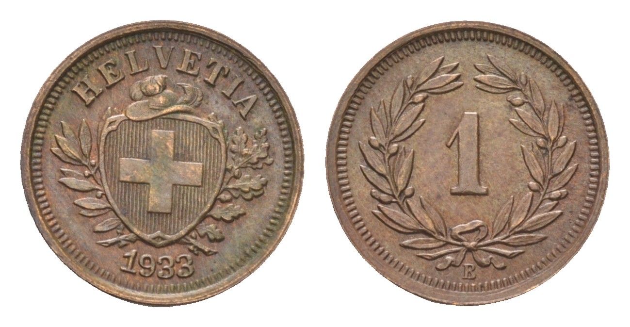 Швейцария 1 раппен 1933 B KM 3 бронза 4659-919