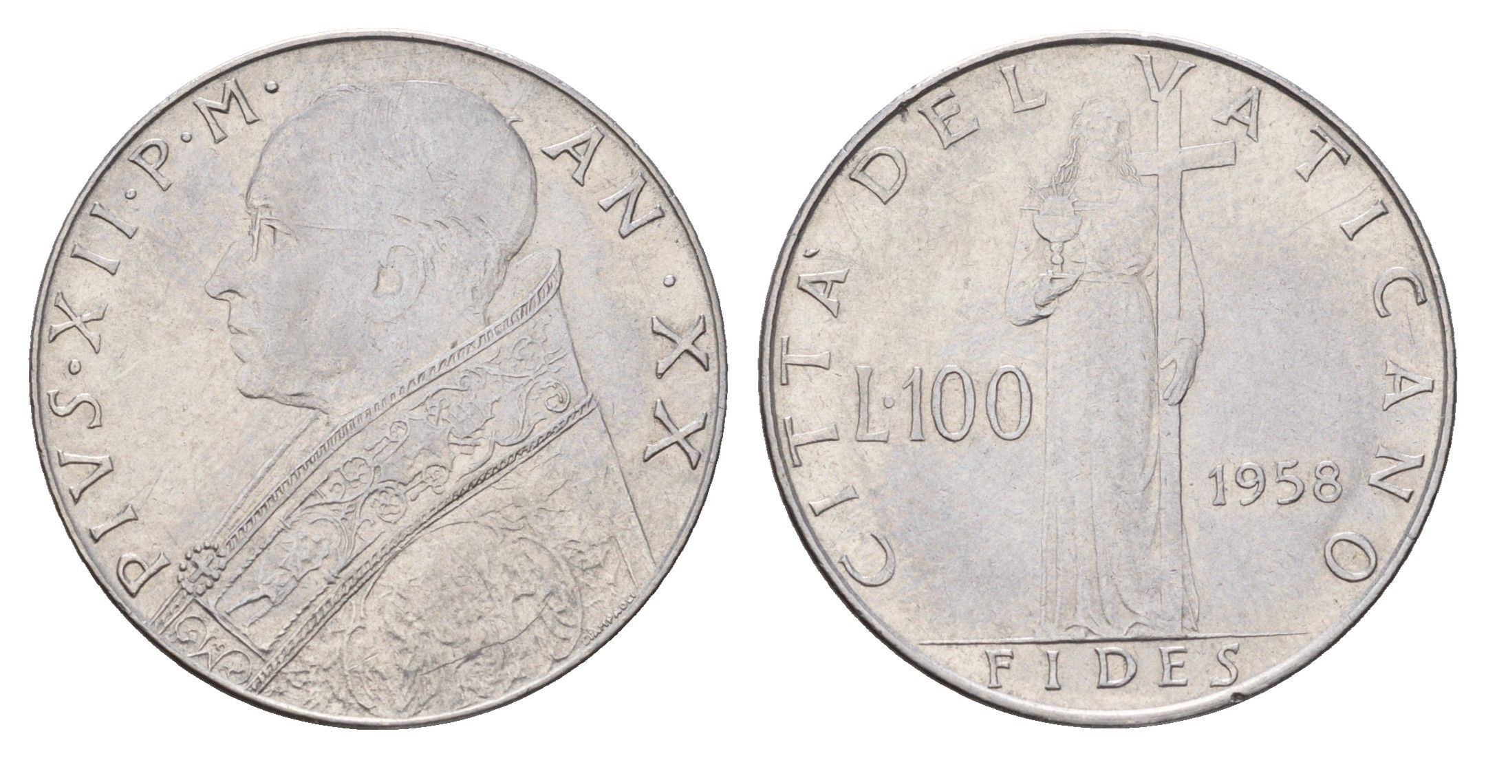 Ватикан 100 лир 1958 Пий XII (1939-1958) KM 55 нержавеющая сталь 4671-1013