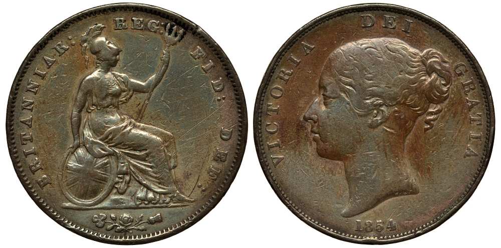 Великобритания 1 пенни 1854 Виктория (1837-1901) KM 739, Spink 3948 медь 1518-1624