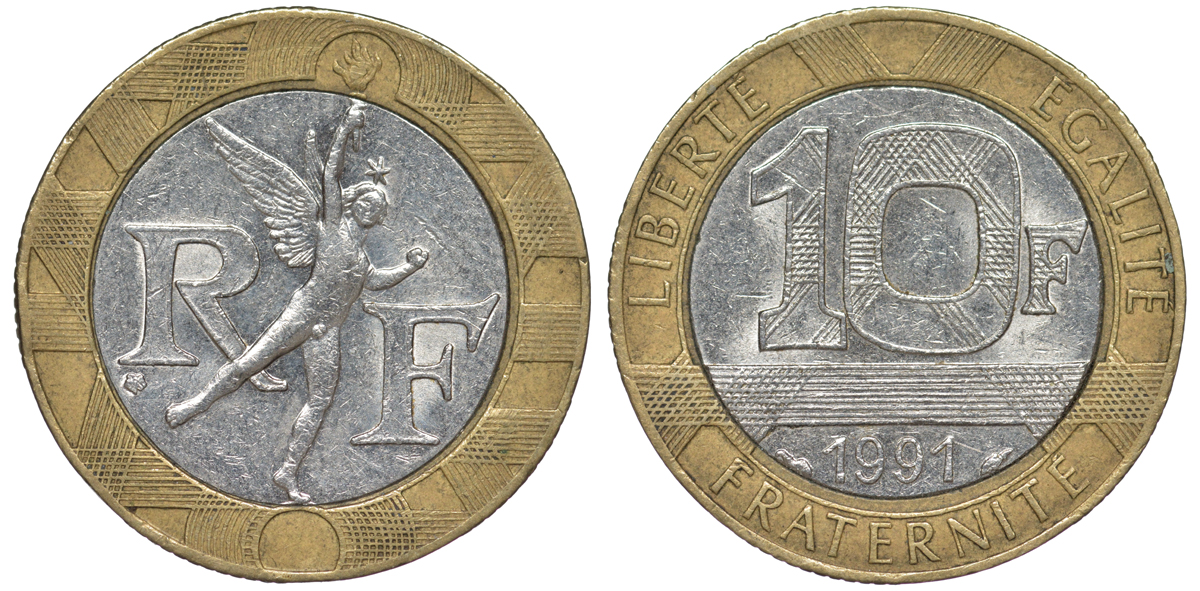 Франция 10 франков 1991 тип Гений Бастилии KM 964.1, Le Frank 375.6 биметалл 45-823