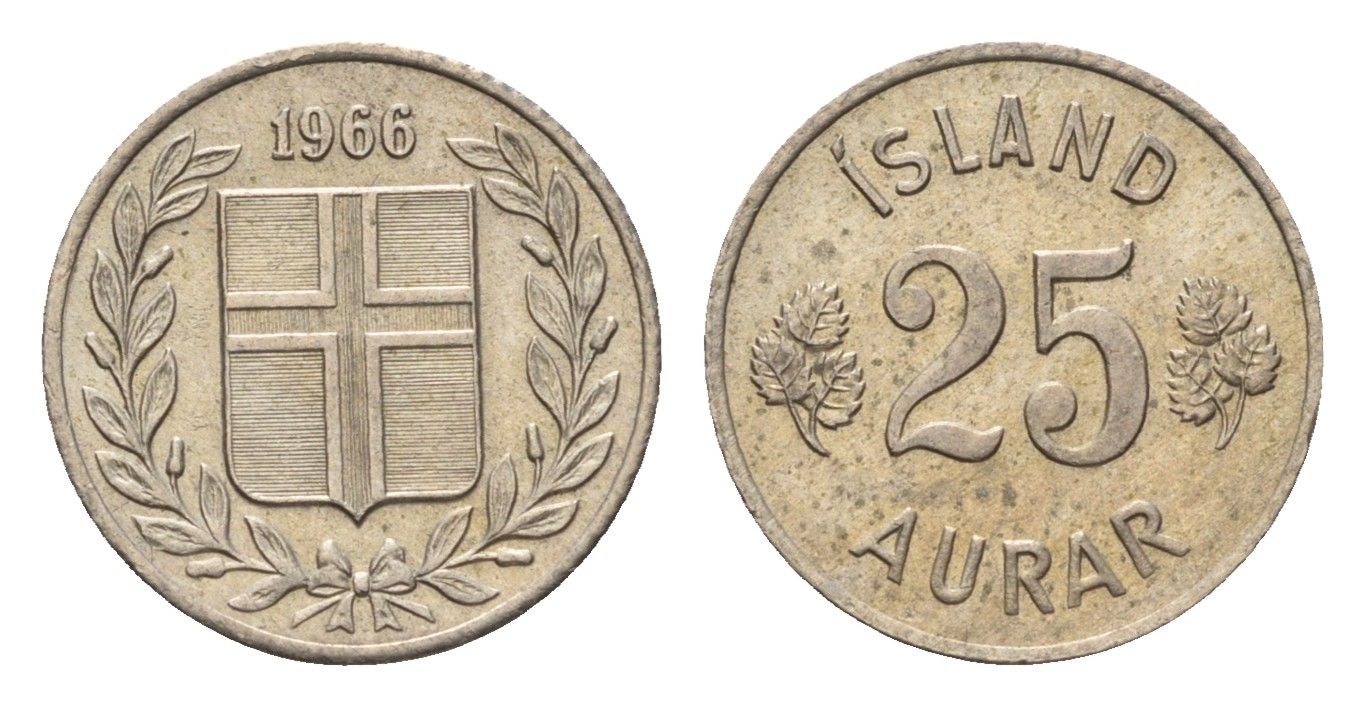 Исландия 25 эйре 1966 KM 11 медно-никель UNC 4690-642